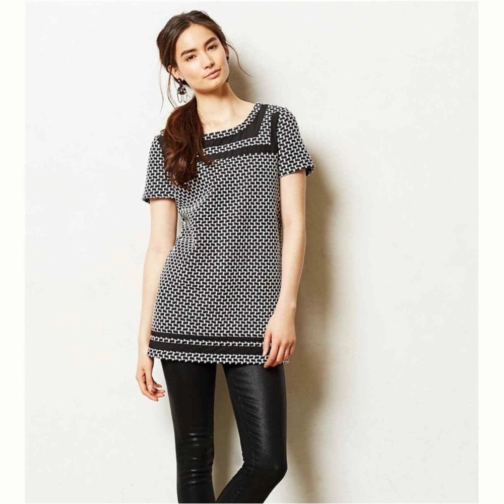 Anthropologie Postmark Basketweave Tunic Blouse Black White Preppy Boho Size XS